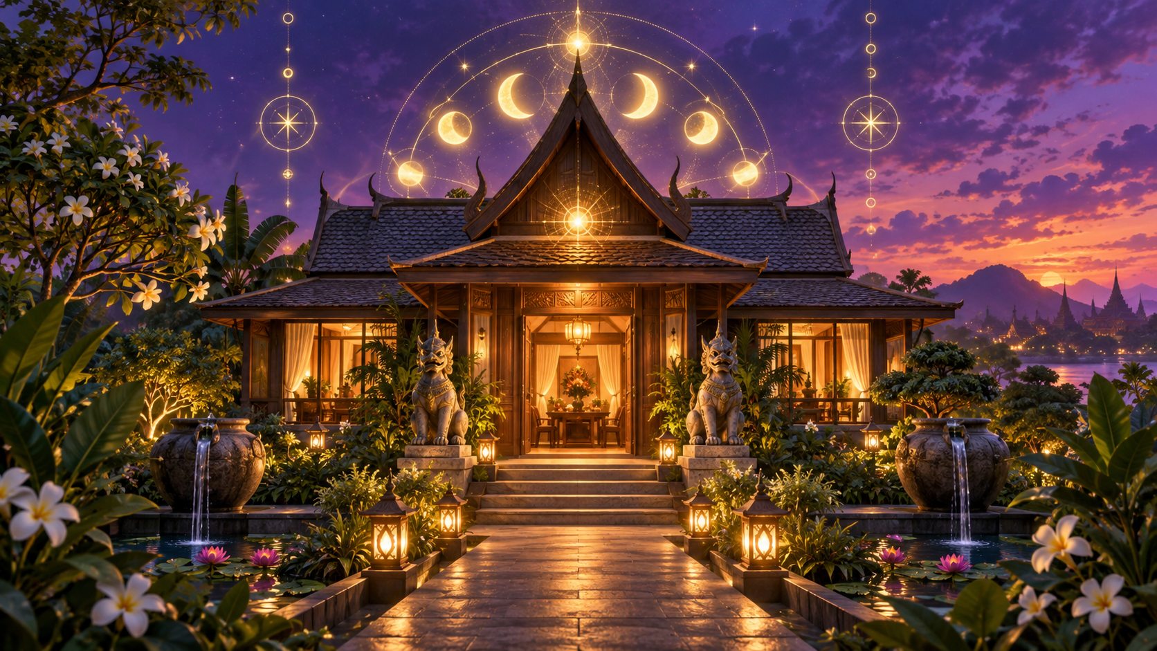 บ้านไทยอบอุ่นใต้ท้องฟ้าสีม่วงทอง