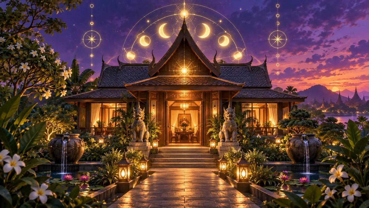 บ้านไทยอบอุ่นใต้ท้องฟ้าสีม่วงทอง