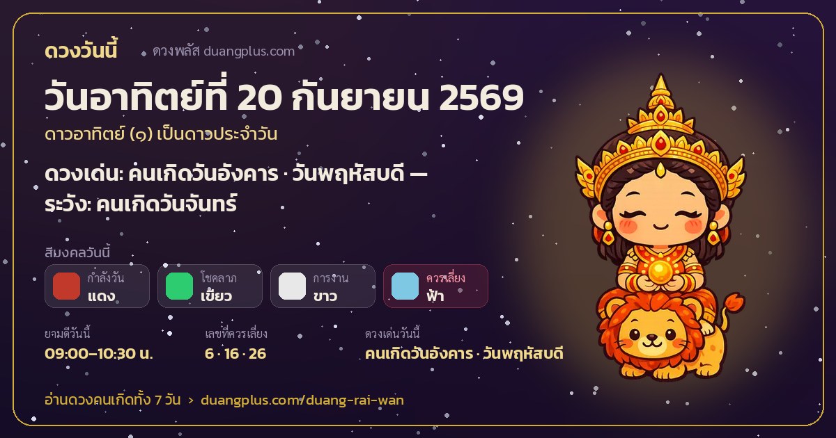 การ์ดดวงวันนี้ วันอาทิตย์ที่ 20 กันยายน 2569