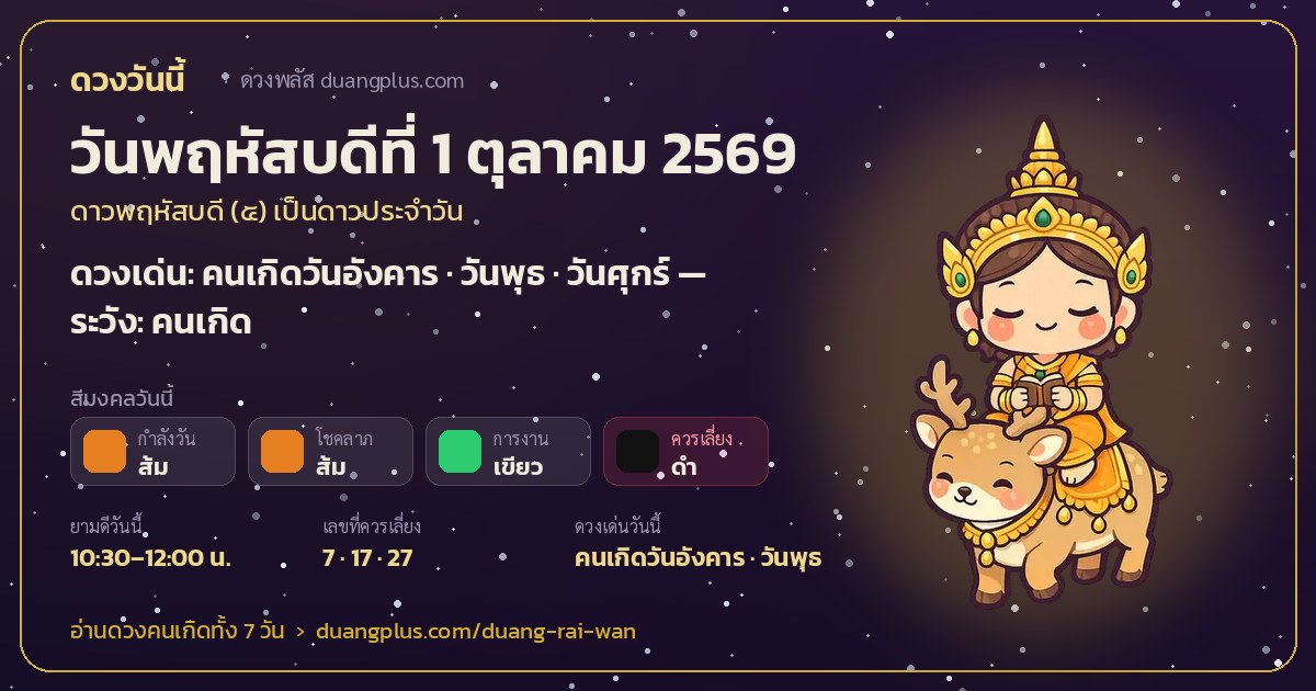 การ์ดดวงวันนี้ วันพฤหัสบดีที่ 1 ตุลาคม 2569