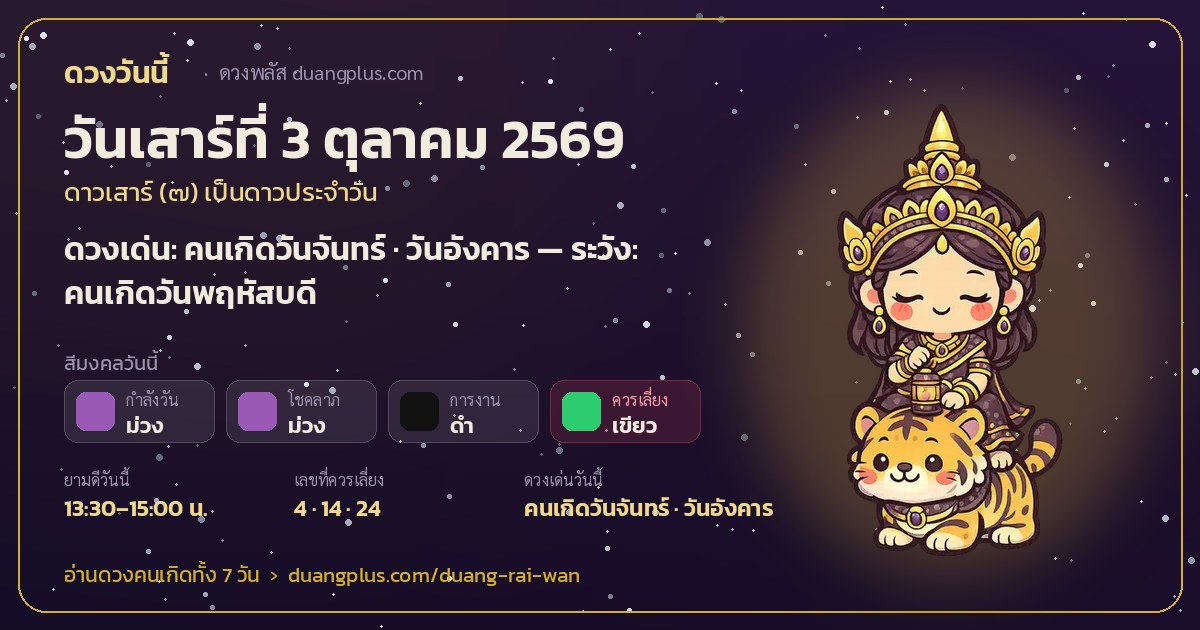 การ์ดดวงวันนี้ วันเสาร์ที่ 3 ตุลาคม 2569