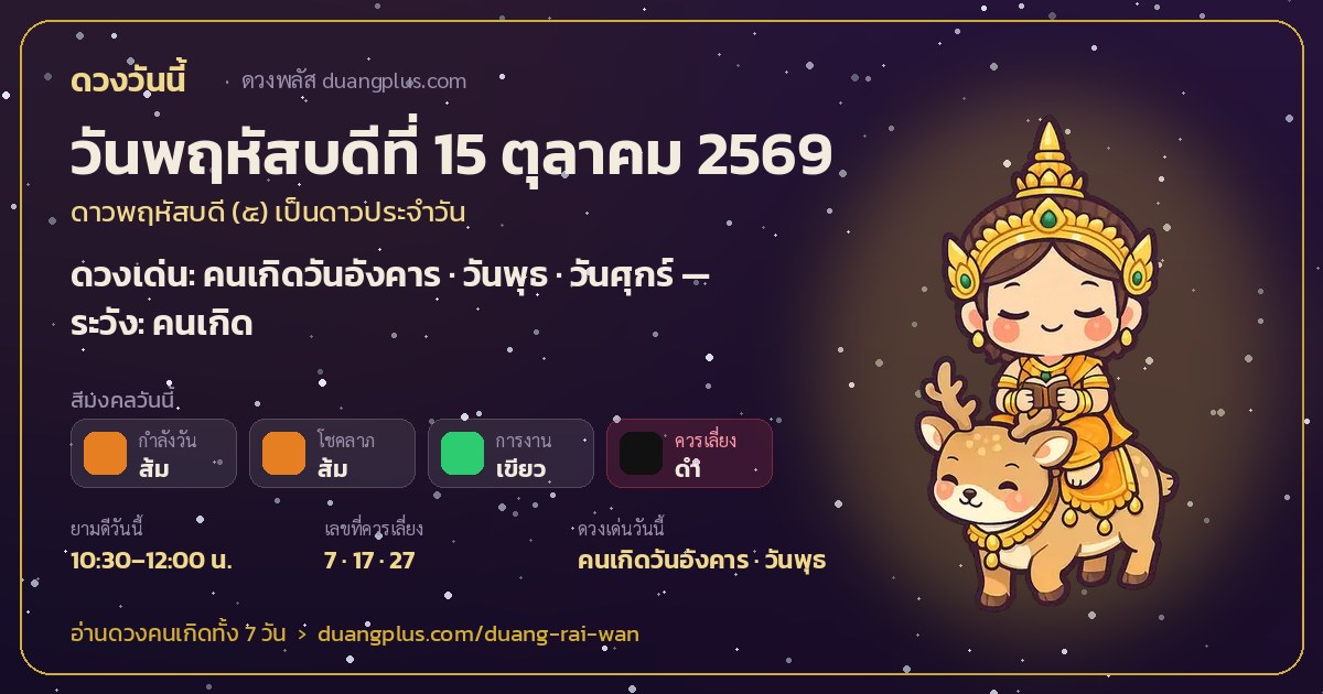 การ์ดดวงวันนี้ วันพฤหัสบดีที่ 15 ตุลาคม 2569