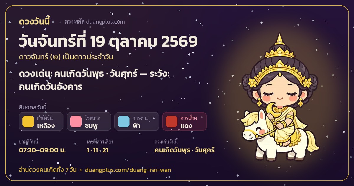 การ์ดดวงวันนี้ วันจันทร์ที่ 19 ตุลาคม 2569