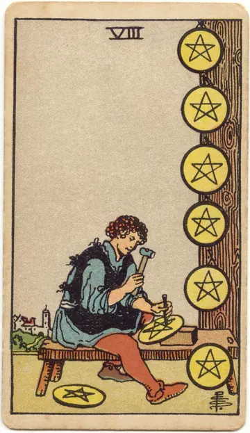 ไพ่ทาโรต์ 8 เหรียญ Eight of Pentacles