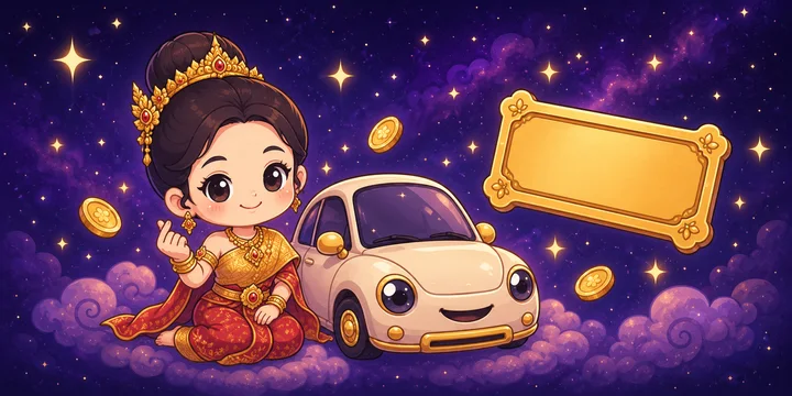 นางกวักกับรถและป้ายทะเบียนทอง ภาพประกอบเช็กทะเบียนรถมงคล