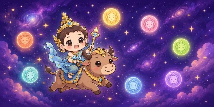 เทพประจำวันเกิดทรงโคกับลูกแก้ว 7 สีประจำ 7 วัน ภาพประกอบดูดวงตามวันเกิด